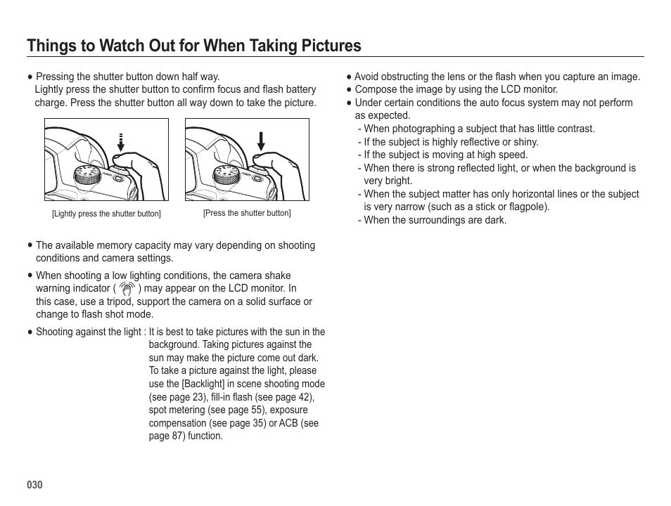 Things to watch out for when taking pictures | Samsung WB5500 User Manual | Page 31 / 120