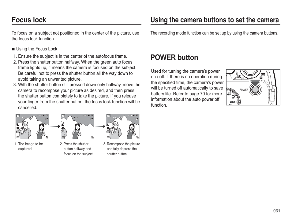 Using the camera buttons to set the camera, Power button focus lock | Samsung WB5500 User Manual | Page 32 / 120