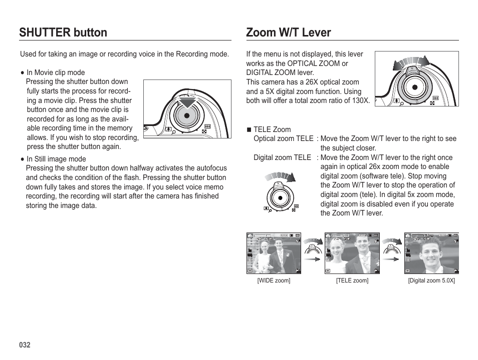Zoom w/t lever, Shutter button | Samsung WB5500 User Manual | Page 33 / 120