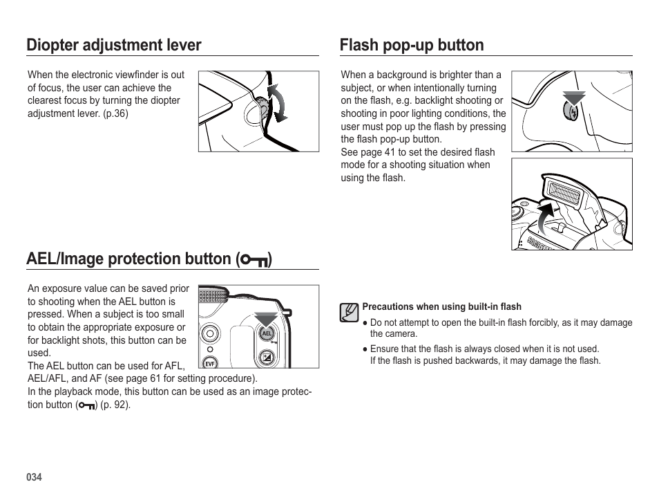 Diopter adjustment lever flash pop-up button, Ael/image protection button ( ) | Samsung WB5500 User Manual | Page 35 / 120