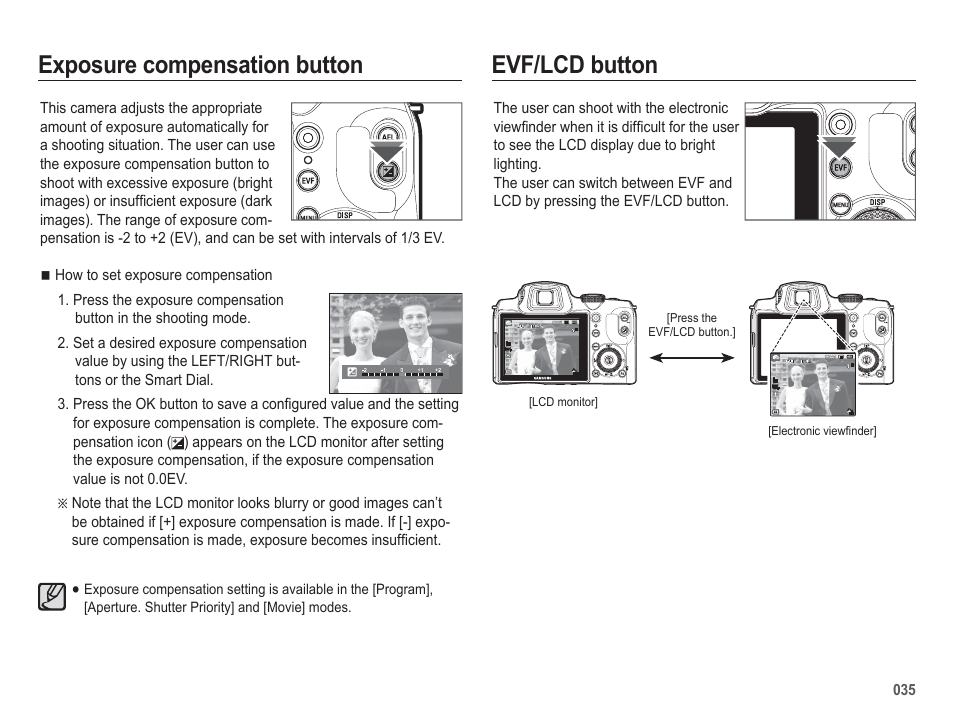 Exposure compensation button, Evf/lcd button | Samsung WB5500 User Manual | Page 36 / 120