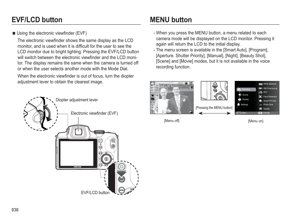 Menu button, Evf/lcd button | Samsung WB5500 User Manual | Page 37 / 120