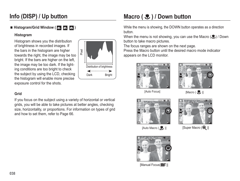 Macro ( ) / down button, Info (disp) / up button | Samsung WB5500 User Manual | Page 39 / 120