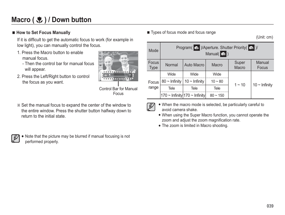 Macro ( ) / down button | Samsung WB5500 User Manual | Page 40 / 120