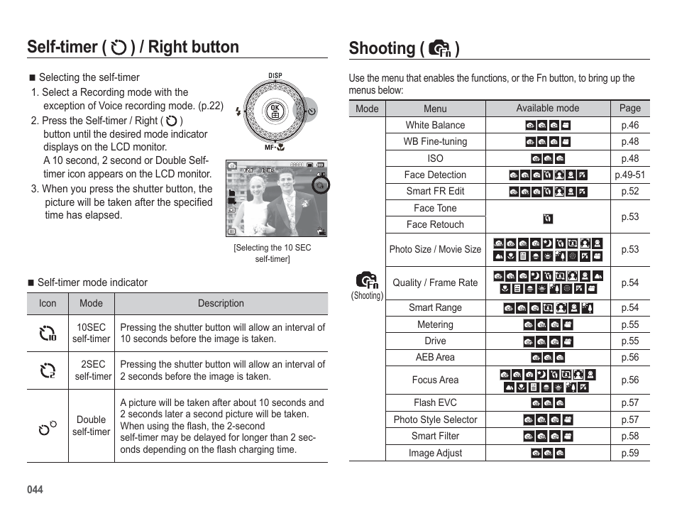 Shooting ( ), Self-timer ( ) / right button | Samsung WB5500 User Manual | Page 45 / 120
