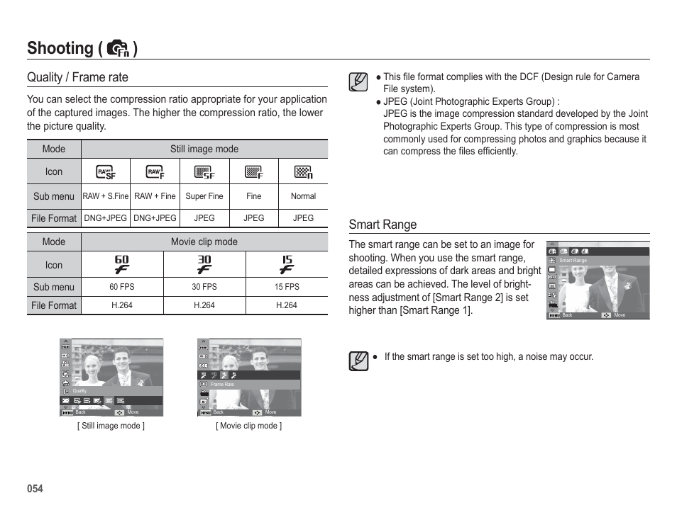 Shooting ( ), Quality / frame rate, Smart range | Samsung WB5500 User Manual | Page 55 / 120