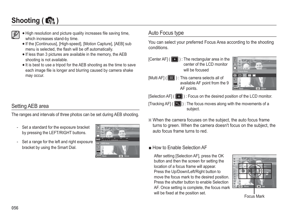 Shooting ( ), Setting aeb area, Auto focus type | Samsung WB5500 User Manual | Page 57 / 120