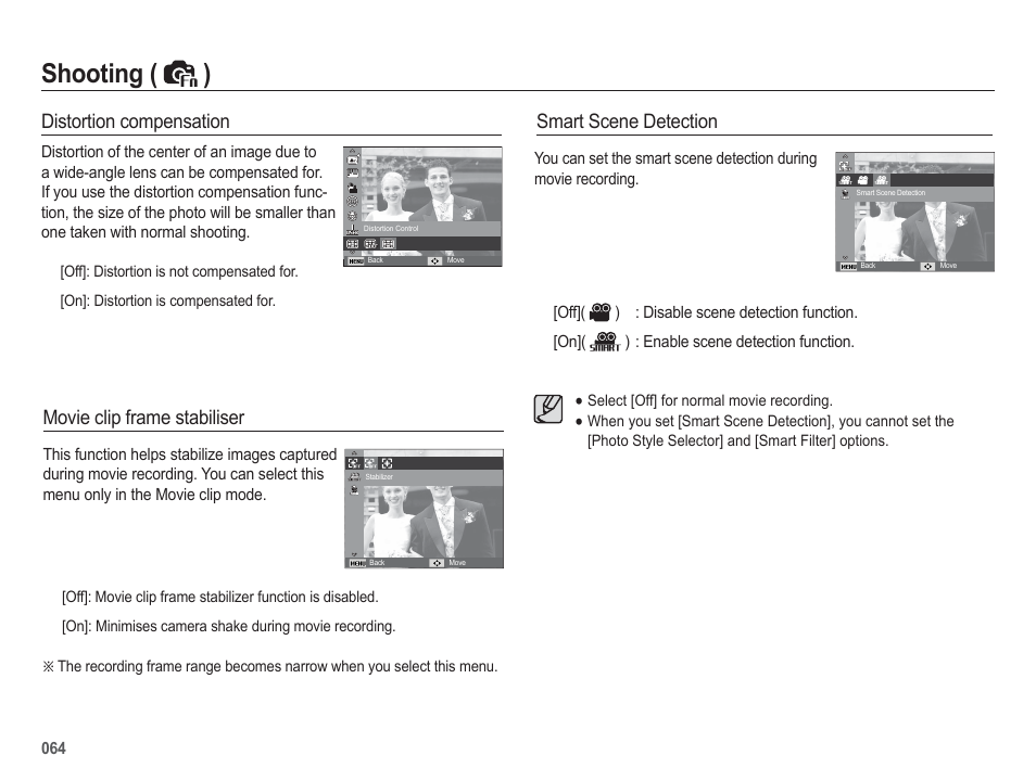 Shooting ( ), Movie clip frame stabiliser, Smart scene detection | Distortion compensation | Samsung WB5500 User Manual | Page 65 / 120