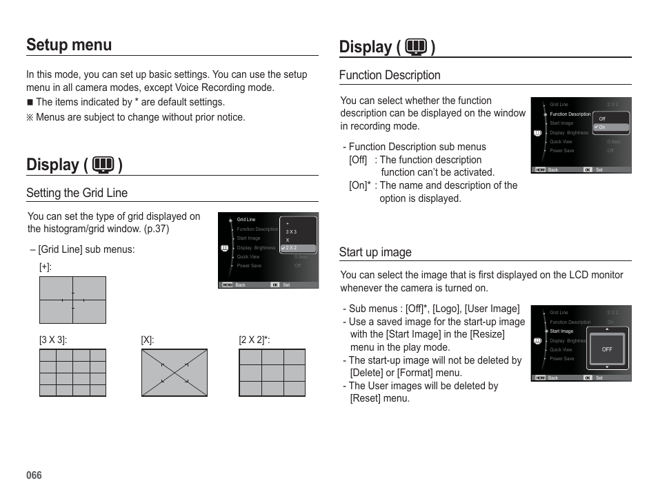 Setup menu, Display ( ), Function description | Setting the grid line, Start up image | Samsung WB5500 User Manual | Page 67 / 120