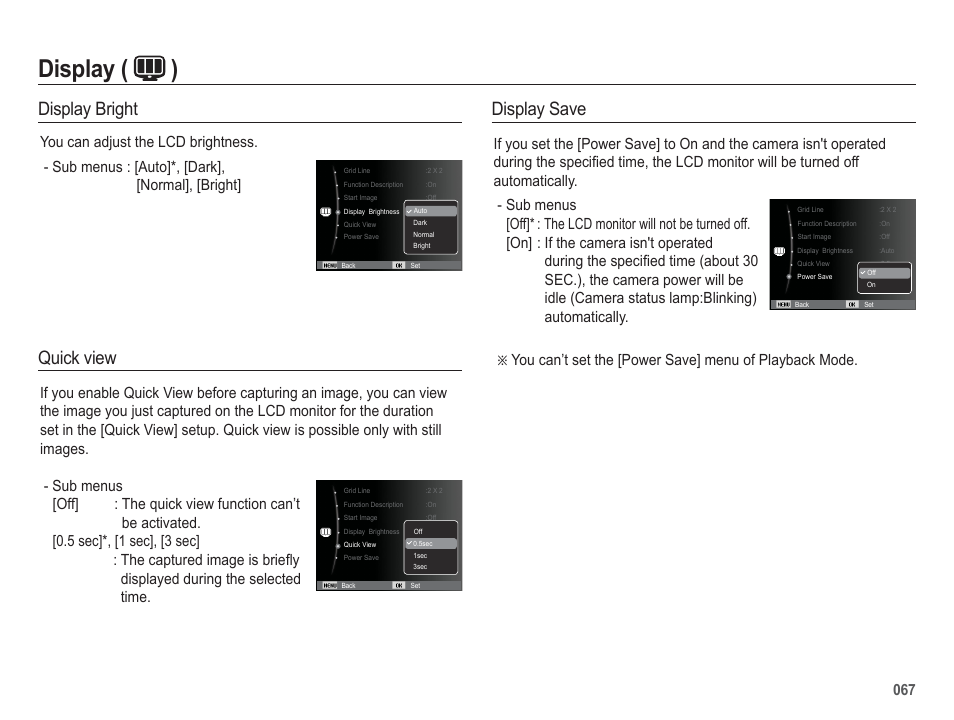 Display ( ), Display bright, Quick view | Display save | Samsung WB5500 User Manual | Page 68 / 120