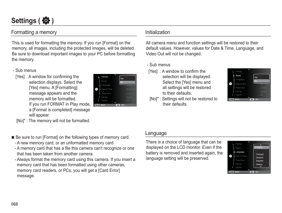Settings ( ), Initialization, Language | Samsung WB5500 User Manual | Page 69 / 120