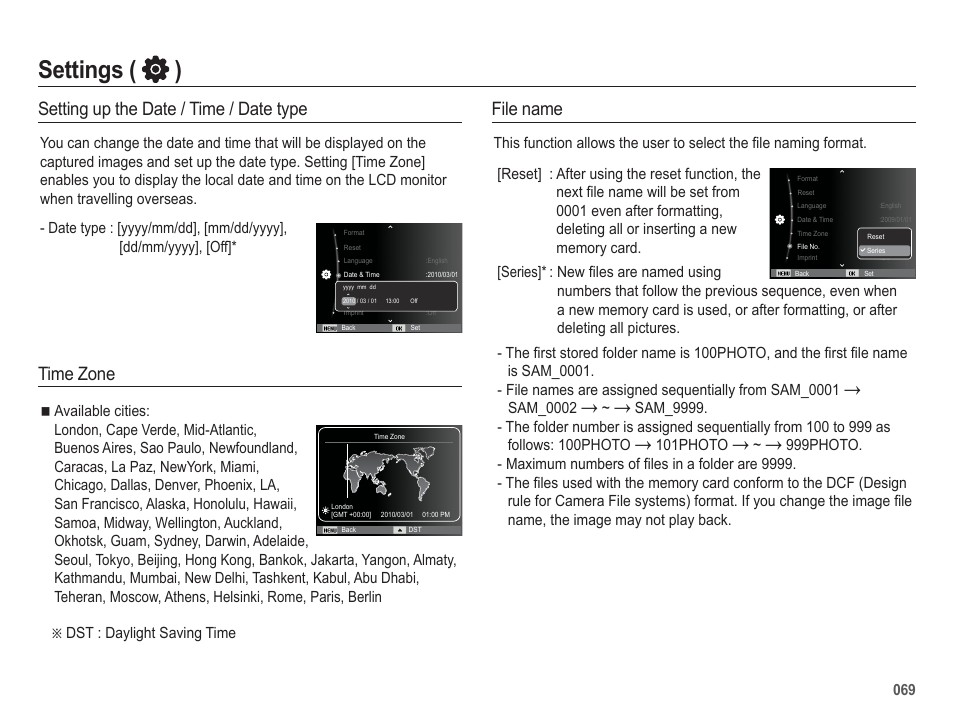 Settings ( ), File name, Setting up the date / time / date type | Time zone | Samsung WB5500 User Manual | Page 70 / 120