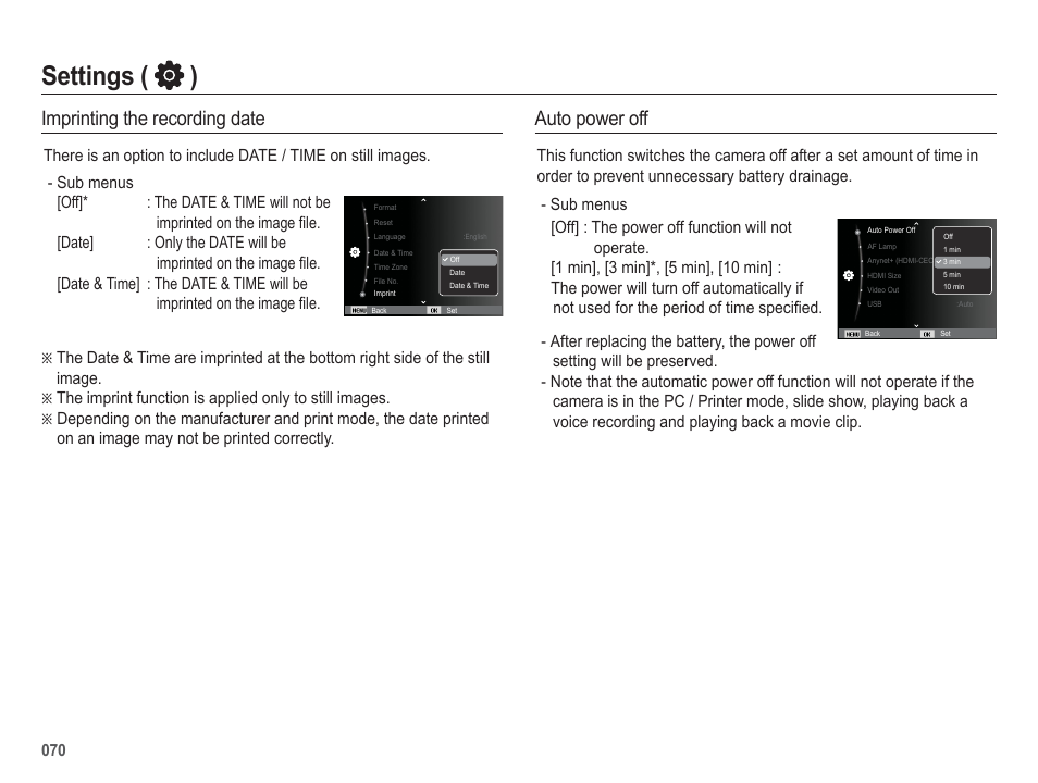 Settings ( ), Imprinting the recording date, Auto power off | Samsung WB5500 User Manual | Page 71 / 120