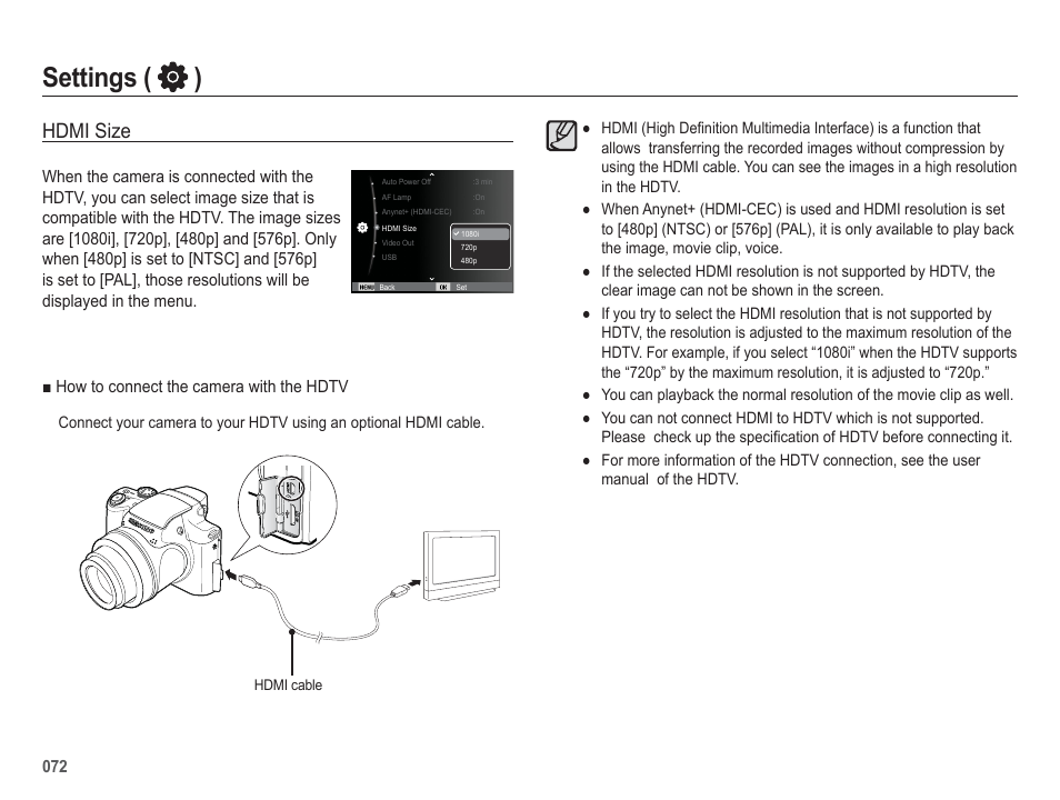 Settings ( ), Hdmi size | Samsung WB5500 User Manual | Page 73 / 120