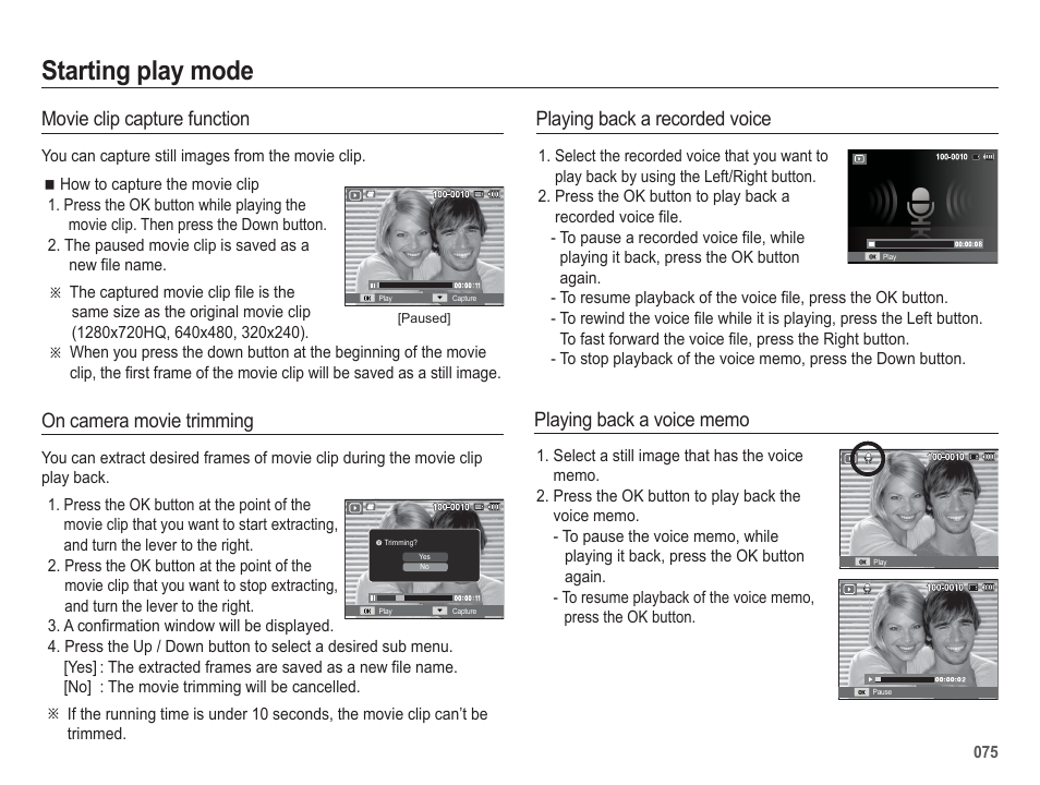 Starting play mode, Movie clip capture function, Playing back a recorded voice | On camera movie trimming | Samsung WB5500 User Manual | Page 76 / 120