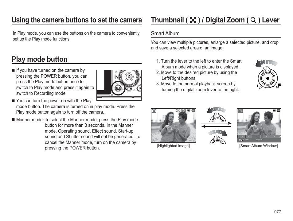 Thumbnail, Digital zoom, Lever using the camera buttons to set the camera | Play mode button, Smart album | Samsung WB5500 User Manual | Page 78 / 120