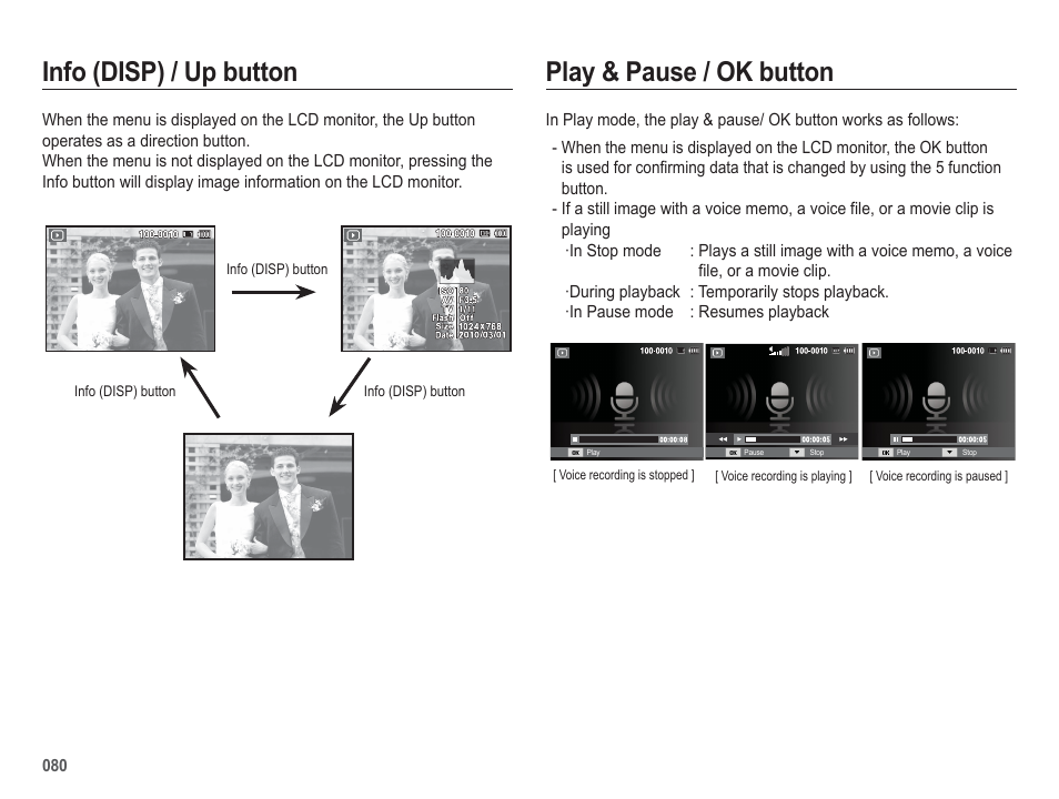 Play & pause / ok button, Info (disp) / up button | Samsung WB5500 User Manual | Page 81 / 120