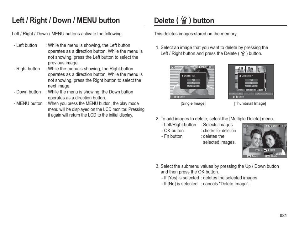 Delete ( õ ) button, Left / right / down / menu button | Samsung WB5500 User Manual | Page 82 / 120