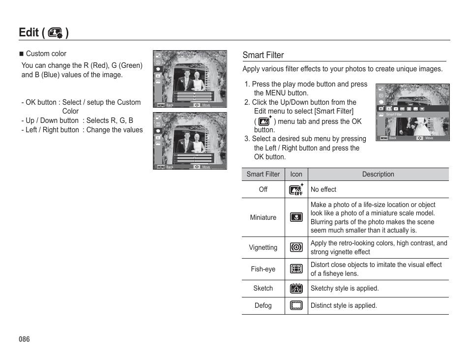 Edit ( ), Smart filter | Samsung WB5500 User Manual | Page 87 / 120