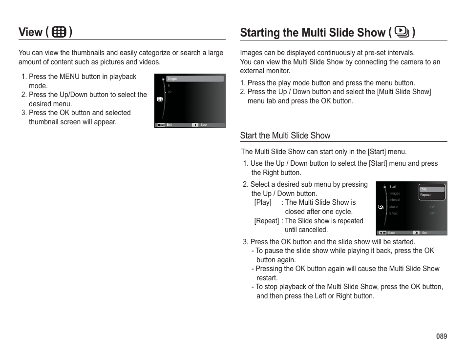 Starting the multi slide show ( ), View ( ), Start the multi slide show | Samsung WB5500 User Manual | Page 90 / 120