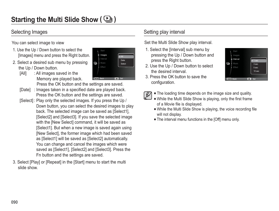 Starting the multi slide show ( ), Selecting images setting play interval | Samsung WB5500 User Manual | Page 91 / 120