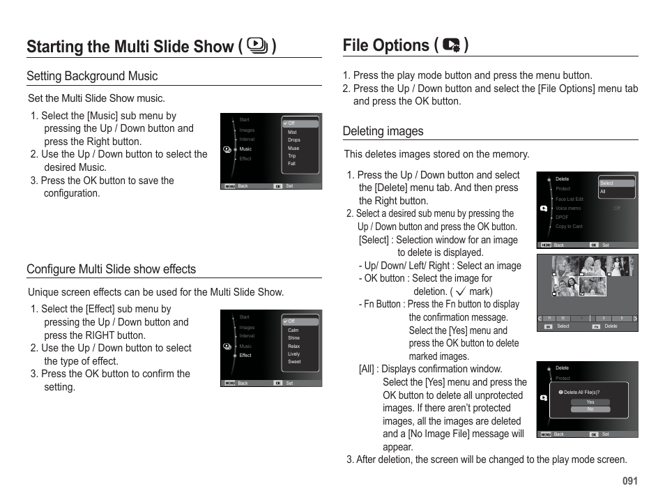 Starting the multi slide show ( ), File options ( ), Confi gure multi slide show effects | Setting background music, Deleting images | Samsung WB5500 User Manual | Page 92 / 120