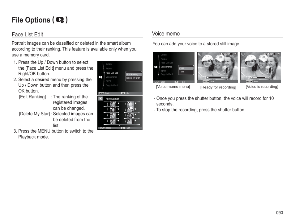 File options ( ), Face list edit, 093 you can add your voice to a stored still image | Samsung WB5500 User Manual | Page 94 / 120