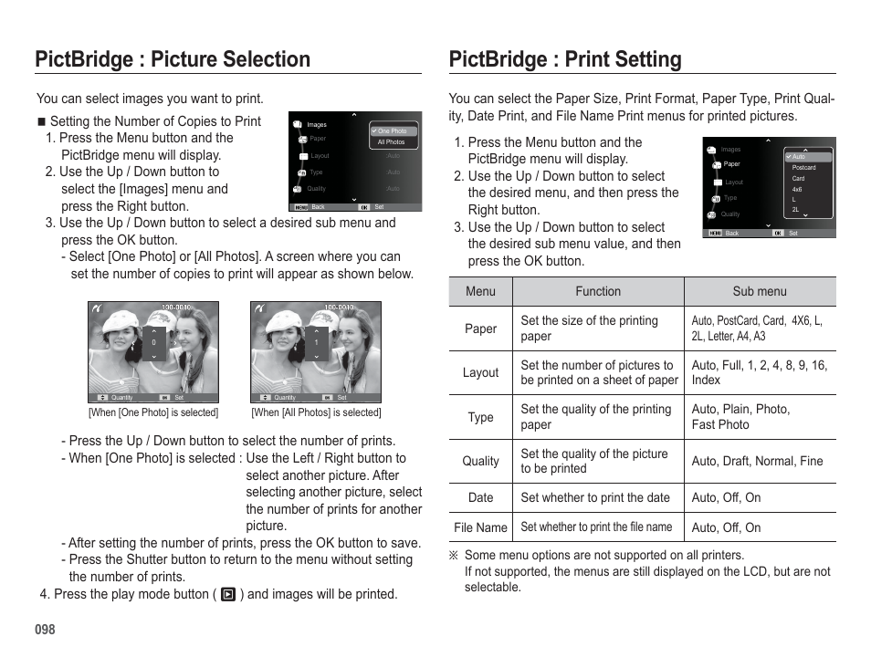 Pictbridge : picture selection, Pictbridge : print setting | Samsung WB5500 User Manual | Page 99 / 120