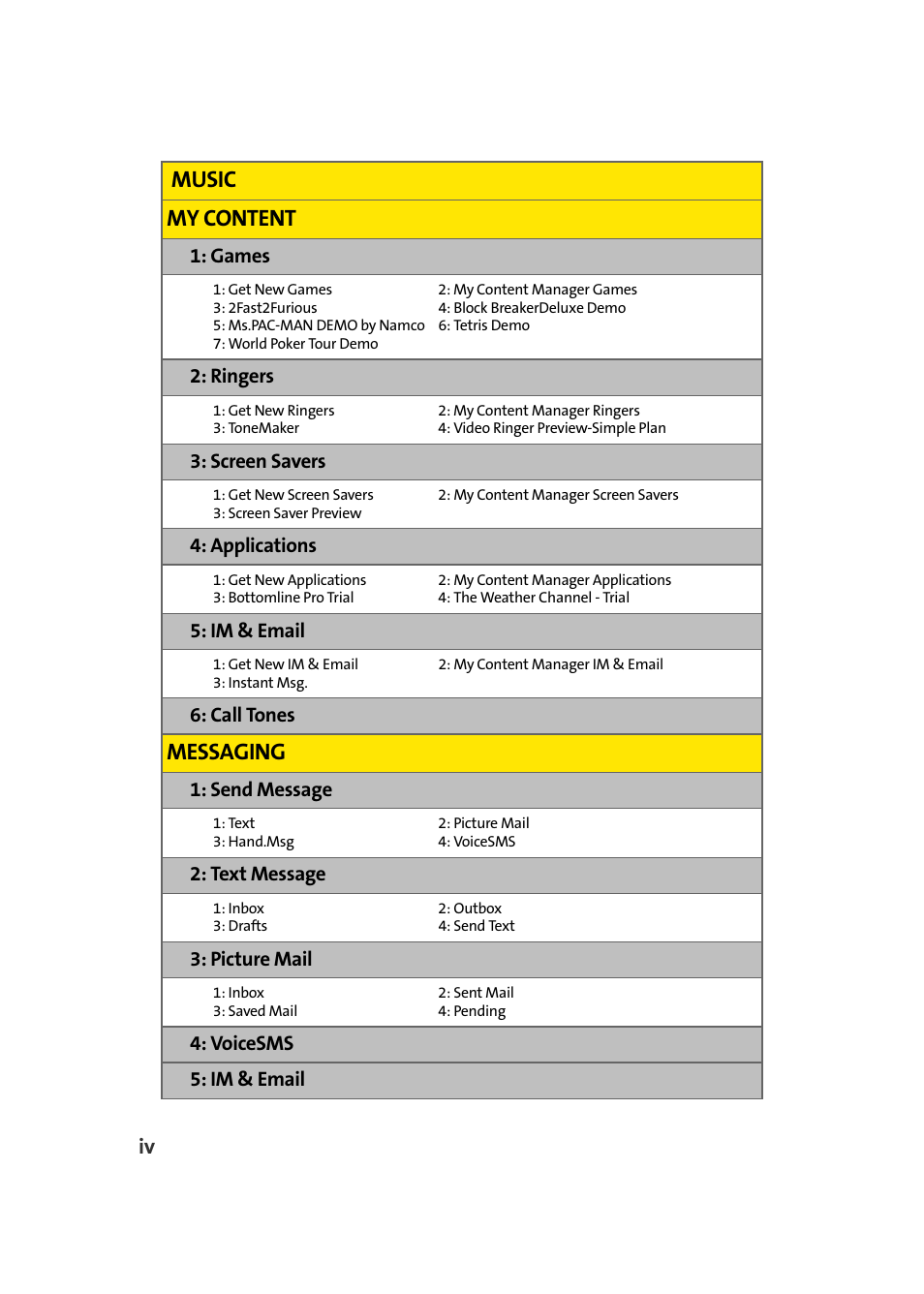 Music my content, Messaging, Games | Ringers, Screen savers, Applications, Im & email, Call tones, Send message, Text message | Samsung A900 User Manual | Page 12 / 272