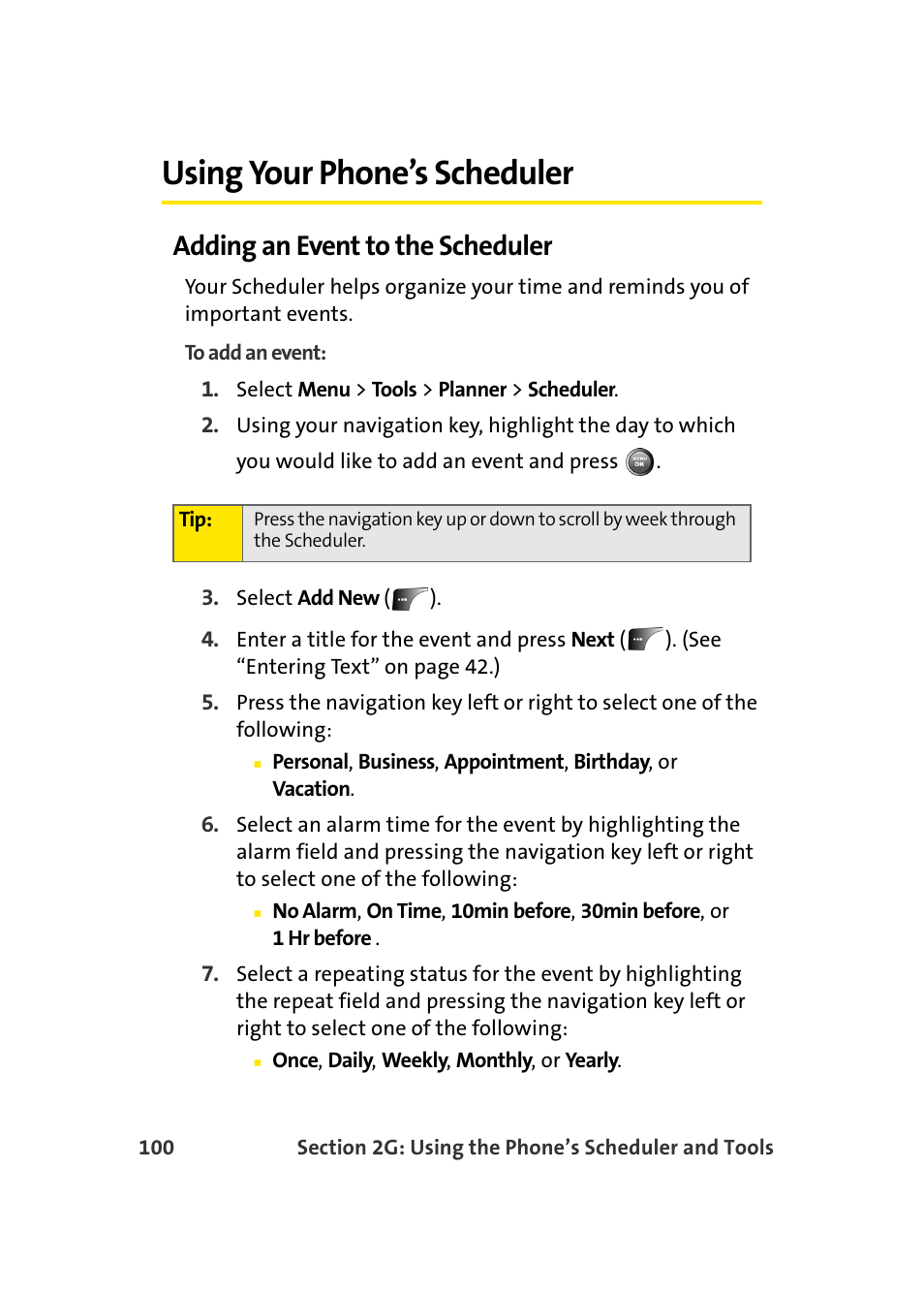 Using your phone’s scheduler, Adding an event to the scheduler | Samsung A900 User Manual | Page 124 / 272