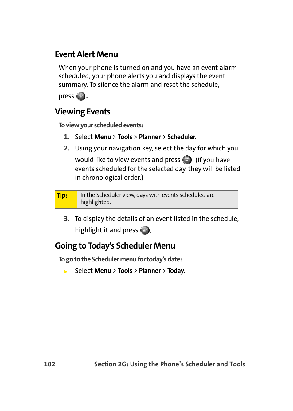 Event alert menu, Viewing events, Going to today’s scheduler menu | Samsung A900 User Manual | Page 126 / 272