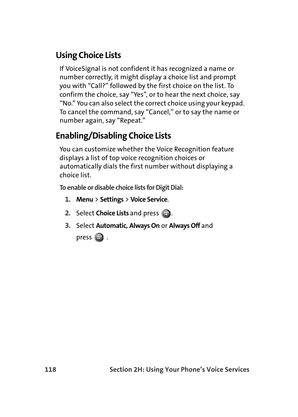 Using choice lists, Enabling/disabling choice lists | Samsung A900 User Manual | Page 142 / 272