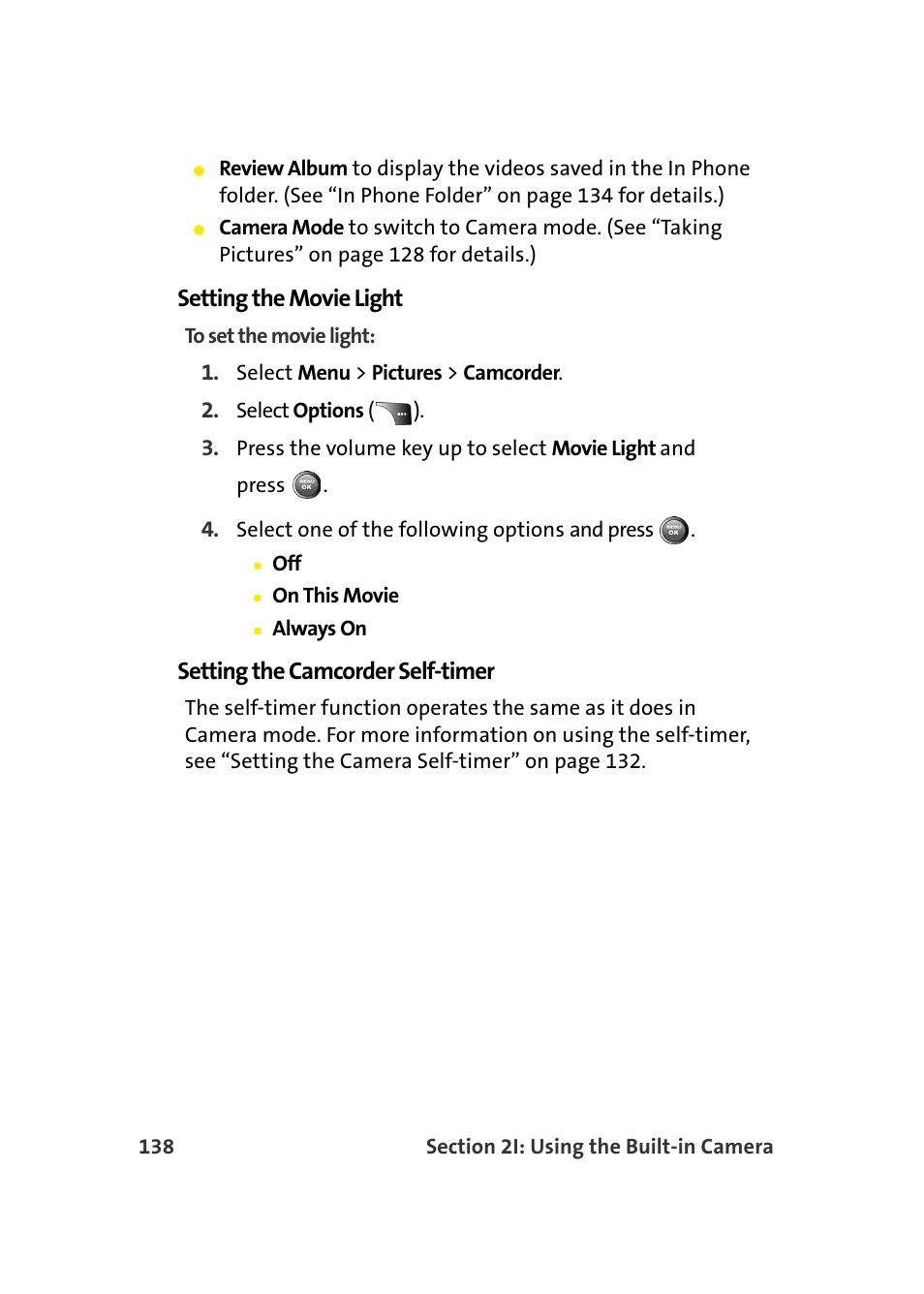 Setting the movie light, Setting the camcorder self-timer | Samsung A900 User Manual | Page 162 / 272