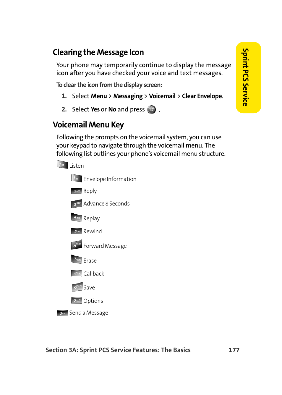 Clearing the message icon, Voicemail menu key, Sprin t pcs se rv ice | Samsung A900 User Manual | Page 201 / 272