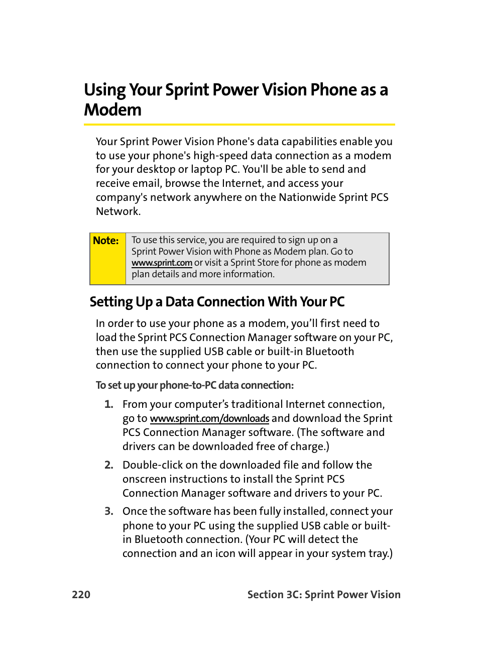 Using your sprint power vision phone as a modem, Setting up a data connection with your pc | Samsung A900 User Manual | Page 244 / 272