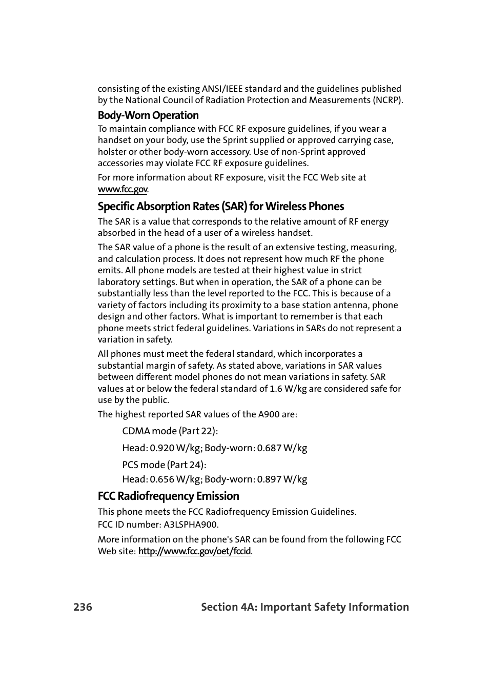 Fcc radiofrequency emission | Samsung A900 User Manual | Page 260 / 272