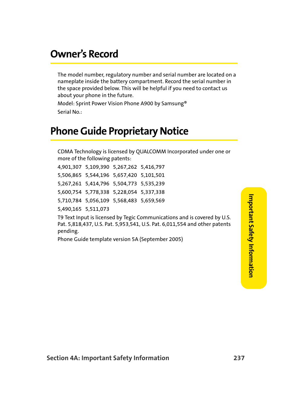 Owner’s record, Phone guide proprietary notice | Samsung A900 User Manual | Page 261 / 272