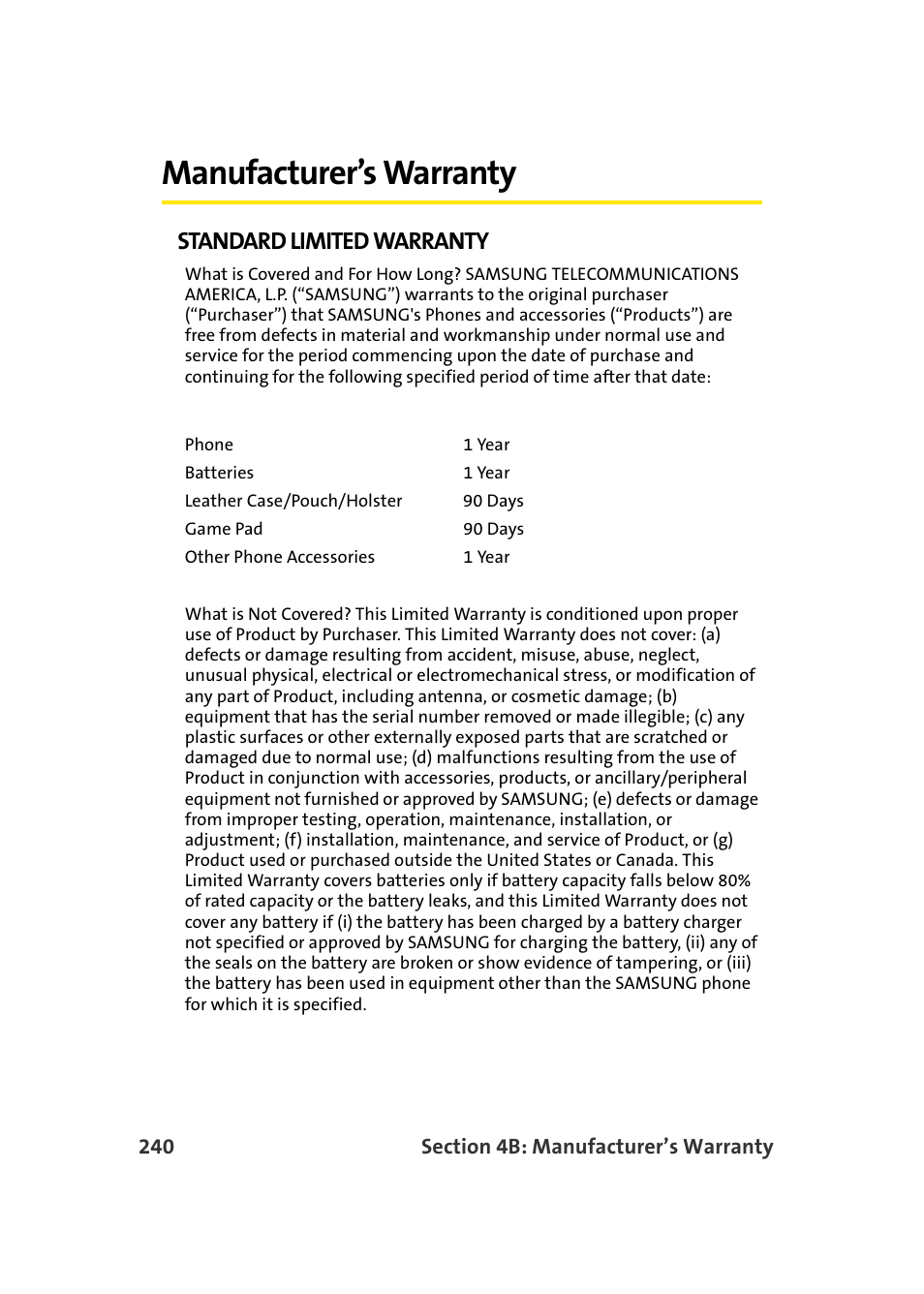 Manufacturer’s warranty, Standard limited warranty | Samsung A900 User Manual | Page 264 / 272