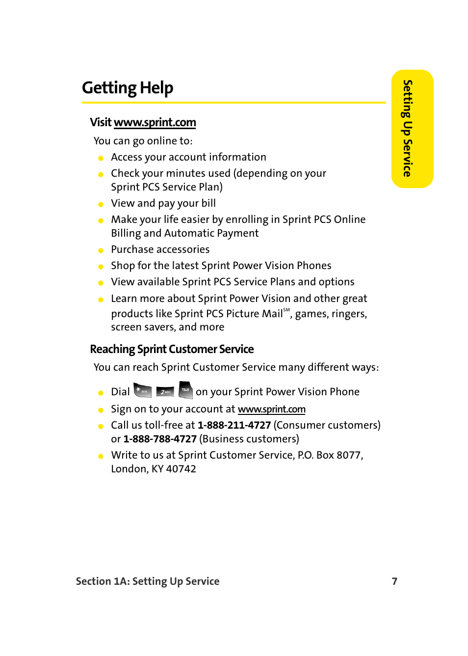 Getting help, Setting u p ser v ice, Reaching sprint customer service | Samsung A900 User Manual | Page 31 / 272