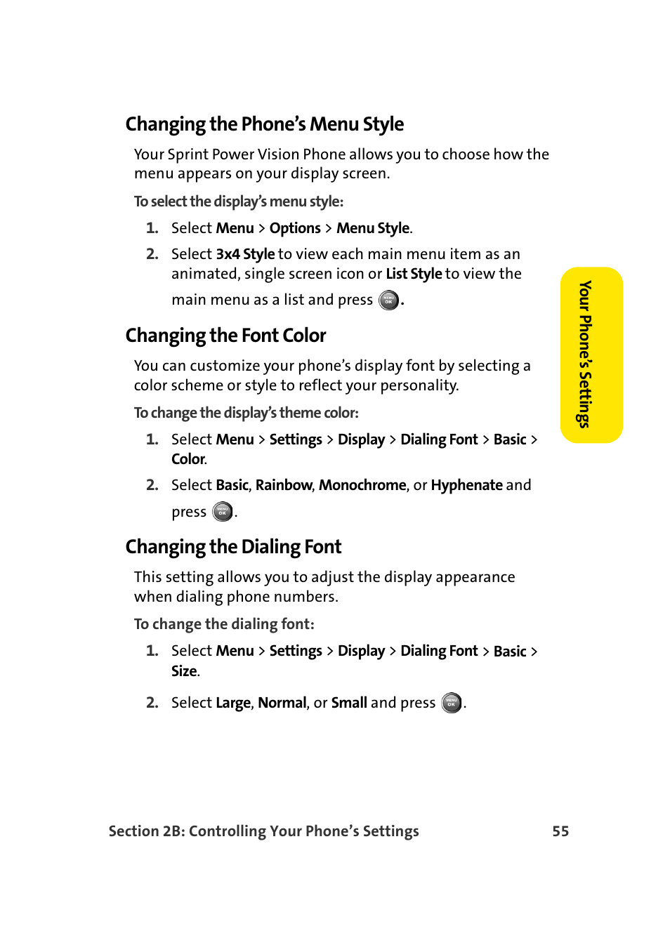 Changing the phone’s menu style, Changing the font color, Changing the dialing font | Samsung A900 User Manual | Page 79 / 272