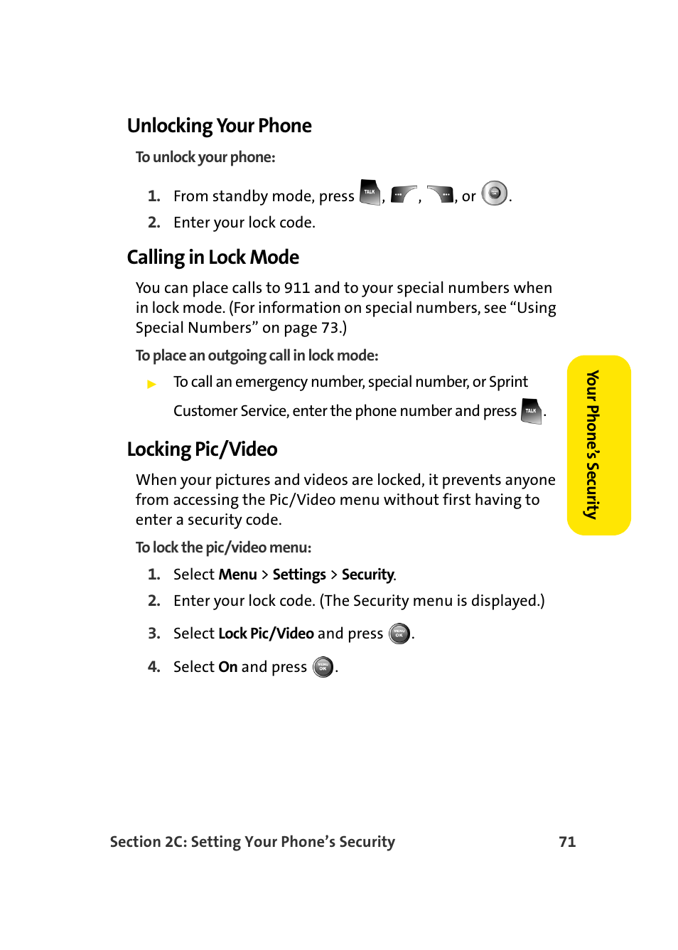 Unlocking your phone, Calling in lock mode, Locking pic/video | Samsung A900 User Manual | Page 95 / 272