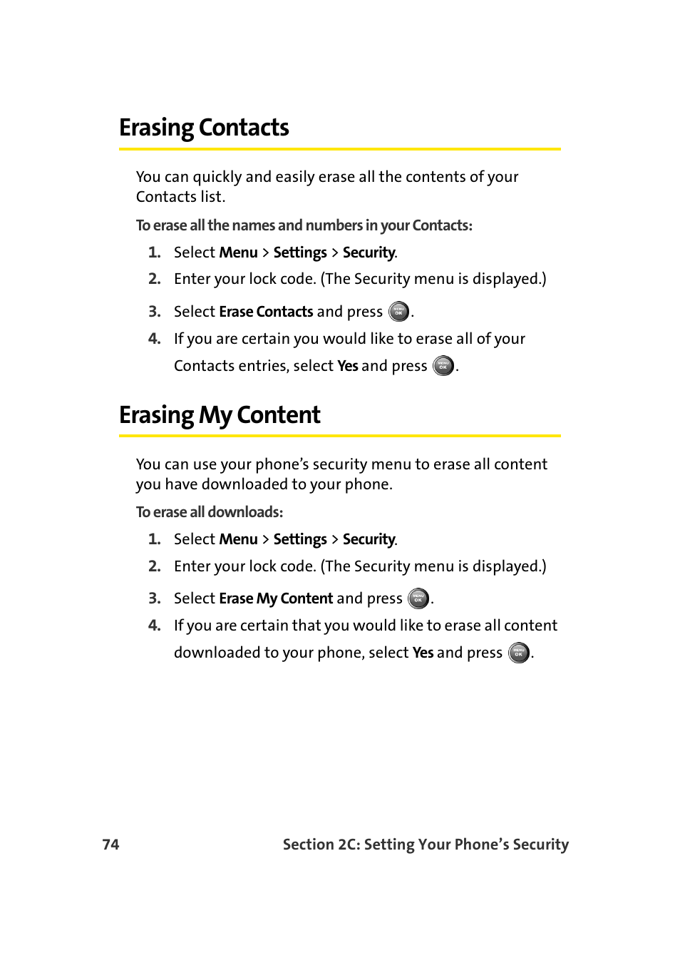 Erasing contacts, Erasing my content | Samsung A900 User Manual | Page 98 / 272