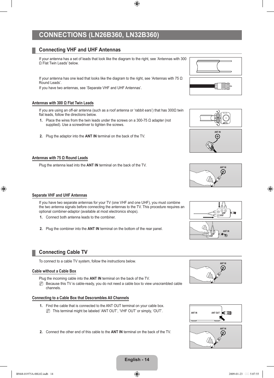Connections (ln26b360, ln32b360), Connecting vhf and uhf antennas, Connecting cable tv | Samsung BN68-01975A-01 User Manual | Page 16 / 93
