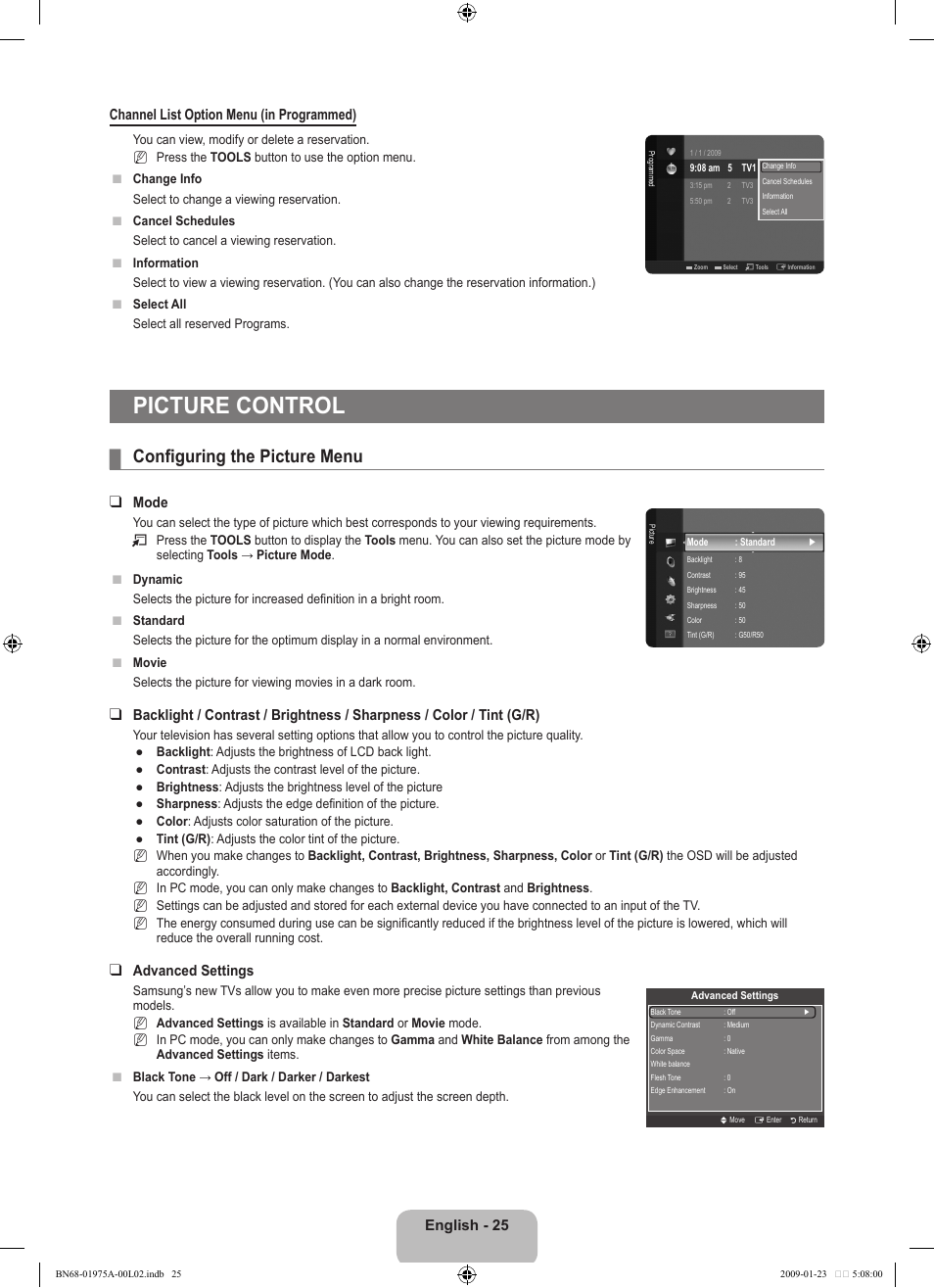 Picture control, Configuring the picture menu, Mode | Advanced settings | Samsung BN68-01975A-01 User Manual | Page 27 / 93