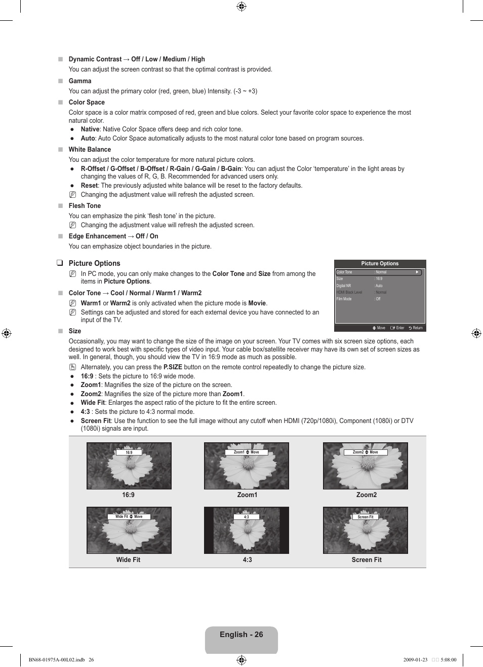 English - 26, Picture options | Samsung BN68-01975A-01 User Manual | Page 28 / 93
