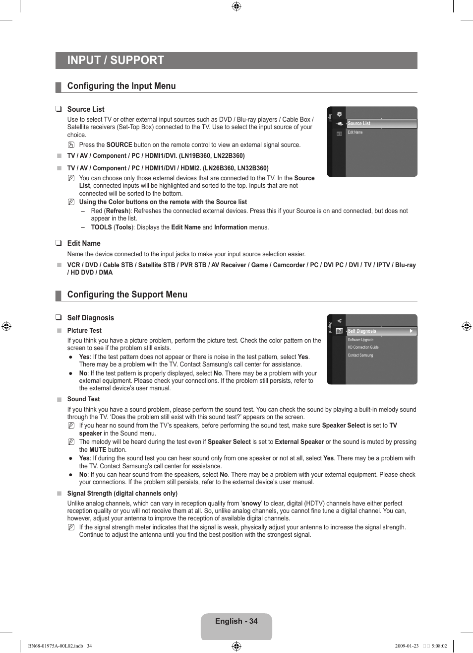 Input / support, Configuring the input menu, Configuring the support menu | Samsung BN68-01975A-01 User Manual | Page 36 / 93