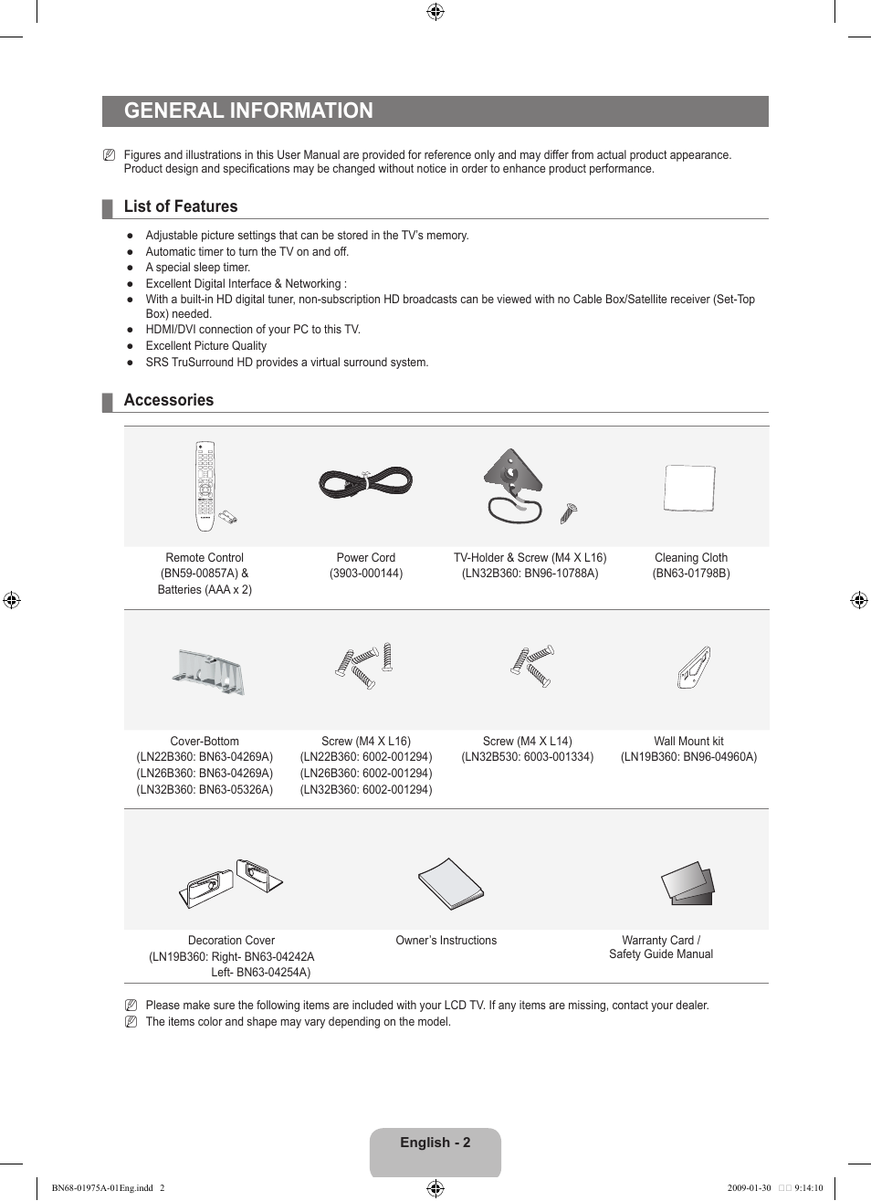 General information, List of features, Accessories | Samsung BN68-01975A-01 User Manual | Page 4 / 93