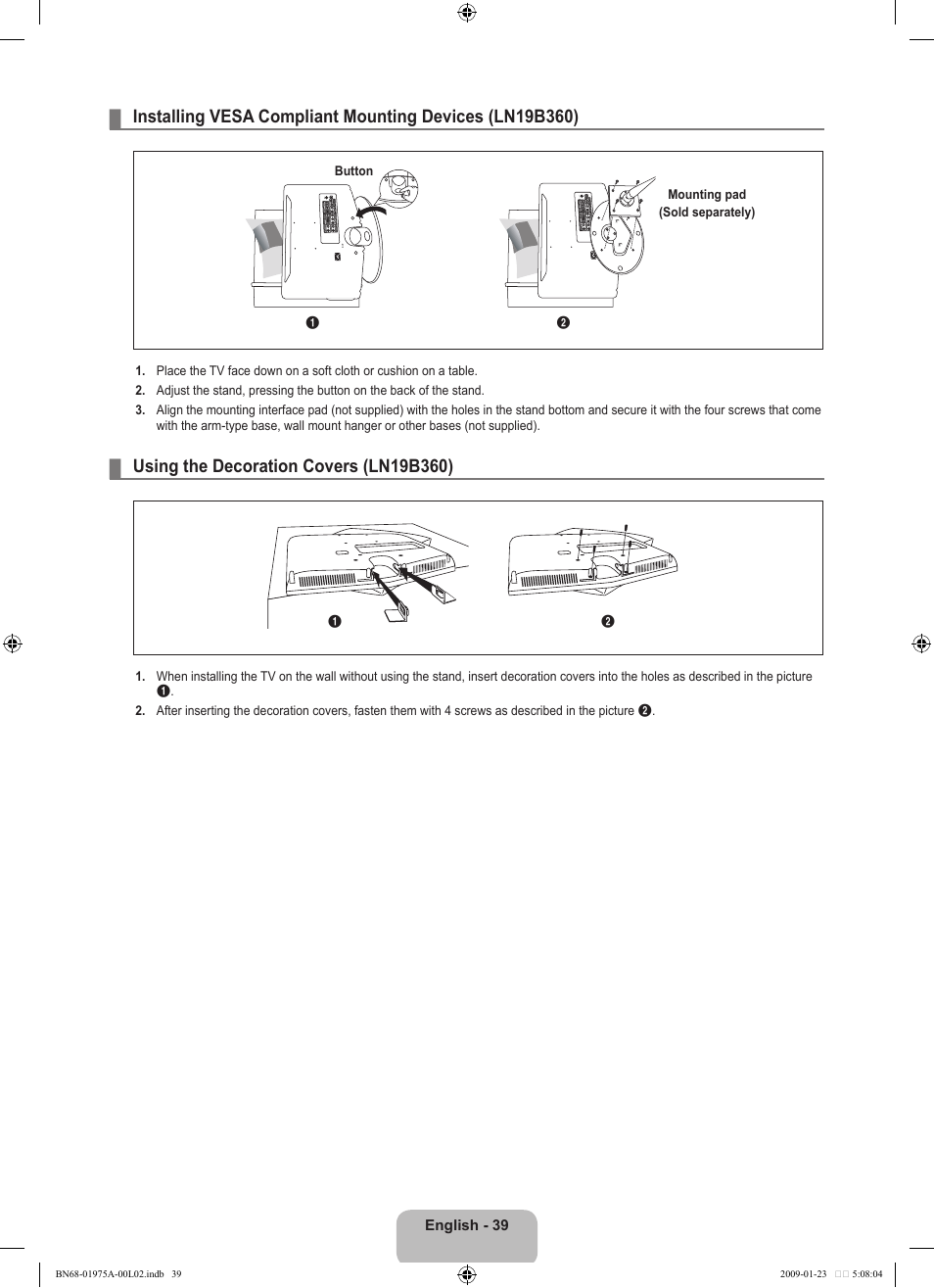 Using the decoration covers (ln19b360) | Samsung BN68-01975A-01 User Manual | Page 41 / 93