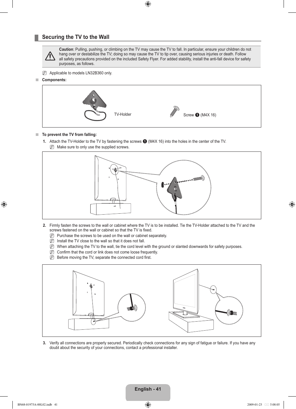 Securing the tv to the wall | Samsung BN68-01975A-01 User Manual | Page 43 / 93