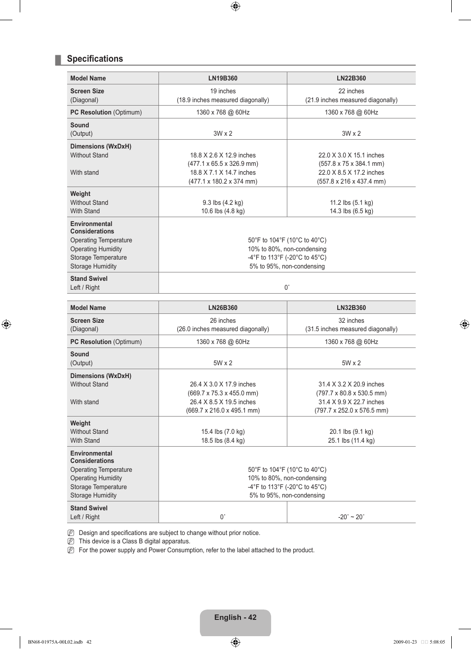 Specifications | Samsung BN68-01975A-01 User Manual | Page 44 / 93
